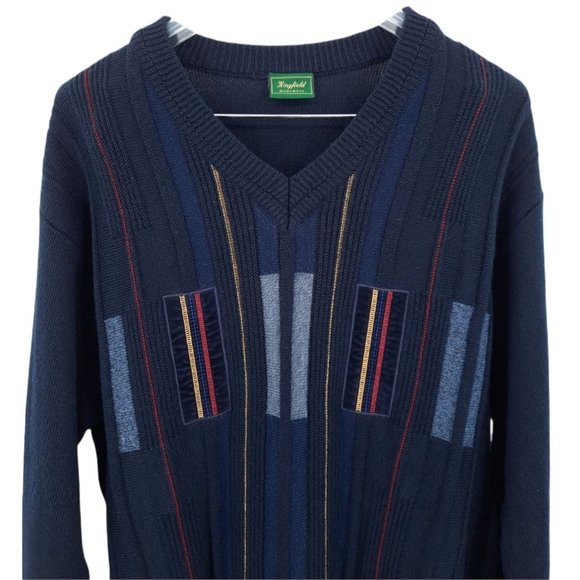 VTG 90s Kingfield Navy Blue Wool V-Neck Geometric Embroidered Velvet Sweater L - Picture 5 of 10